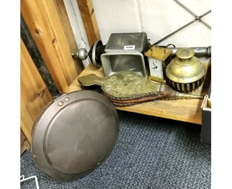 A Victorian carriage lamp, a brass elephant bell and other items.