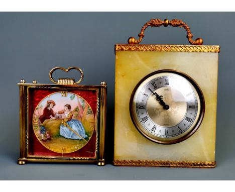 An Imhof enamelled dial and swivel front mantle clock, H. 14cm. Condition: Appears to be in working order, but not tested of 