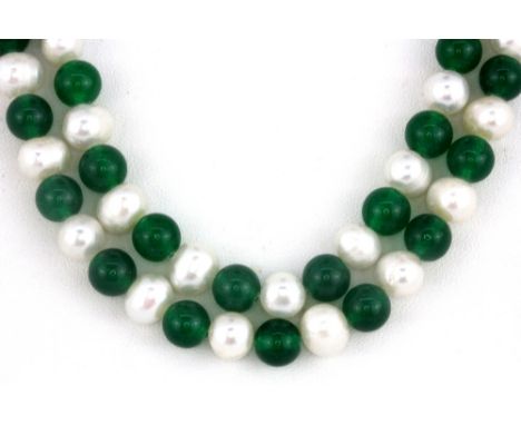 A long polished jade bead and cultured pearl necklace, L. 120cm.