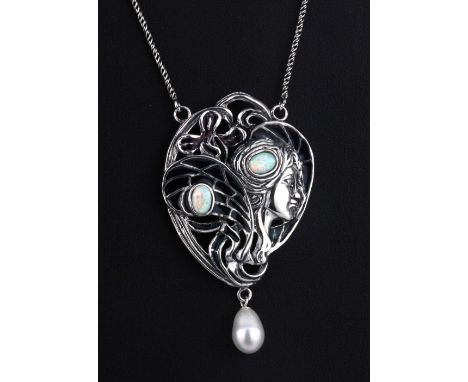 An Art Nouveau style 925 silver enamelled pendant and chain, set with synthetic opal and pearl, L. 36cm.