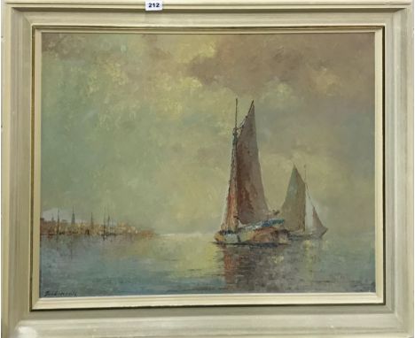 A 1960's/70's Dutch oil on canvas of barges with indistinct signature, framed 94 x 74cm.