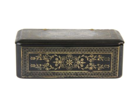 An 18th Century gilt metal inlaid papier mache snuff box, W. 9.5cm.