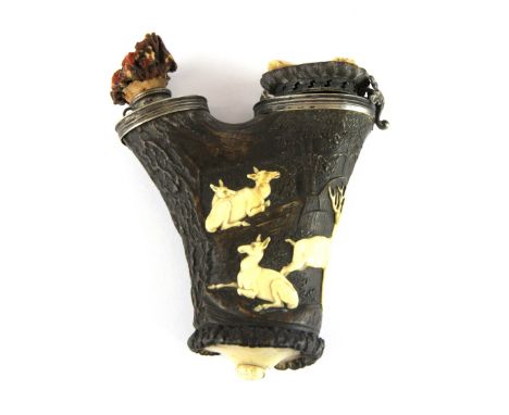 A superb 19th Century ivory inlaid horn black forest tobacco pipe bowl, H. 12cm.