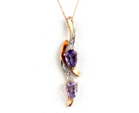 A 9ct rose gold pendant and chain set with amethyst and diamonds, L. 3cm.