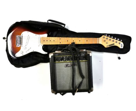 An Acoustic Solutions half size electric guitar and small Cruiser amplifier.