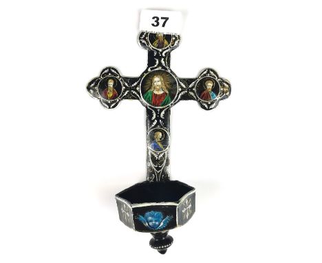 A 18th/19th Century French enamelled copper holy water stoop, H. 22cm. Condition: enamel overall good, small crack on right a