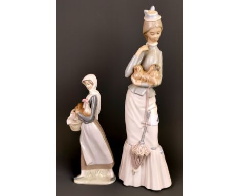 A large Lladro figure of a girl with a dog and a further Lladro figure of a girl with a chicken, Tallest 37cm. Condition: No 