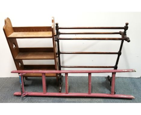 A 1920's oak bookcase, a vintage ladder and towel rail.