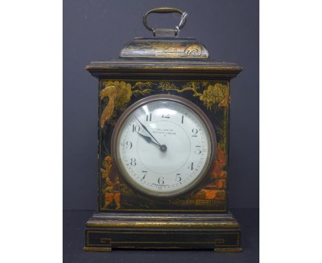 A chinoiserie decorated mantel clock, with French movement, the Arabic dial signed 142 Jays 44 Oxford St London, barrel movem