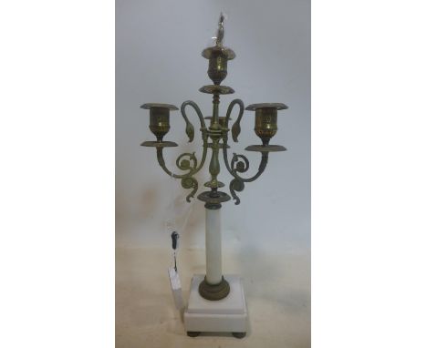 An Empire style three branch four light marble and gilt metal candelabra, H.48cm 