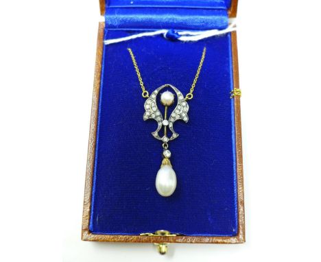 A boxed yellow and white gold necklace set with 28 round brilliant-cut diamonds, a round central pearl and suspended by a lar