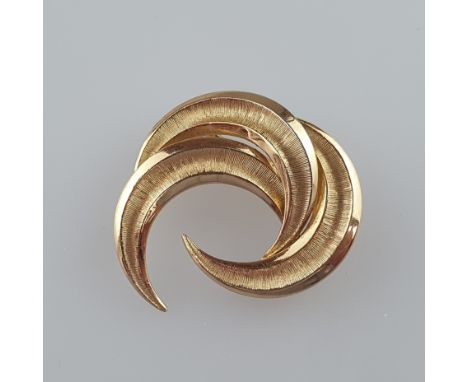 Vintage-Brosche- Henkel &amp;amp; Grosse (Pforzheim), goldfarbenes Metall, aus drei Halbmonden zusammengesetzte Form, außen s