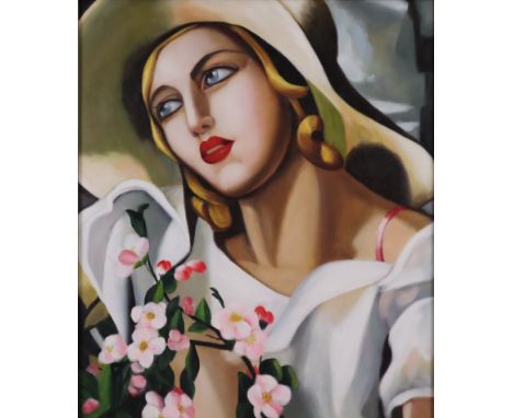 Unbekannte/r Künstler/in - ausgehendes 20.Jh.- "Dame mit Strohhut", Portrait einer jungen Frau nach Tamara de Lempicka (1898-