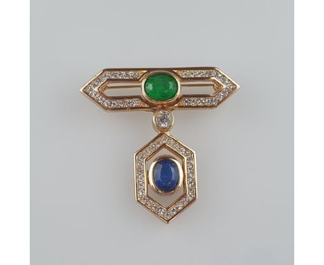 Vintage-Brosche im Art Déco-Stil - Henkel &amp;amp; Grosse (Pforzheim), vergoldetes Metall, geometrische Formgebung, Besatz m