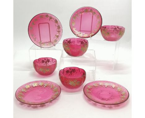 Antique set of 4 x cranberry glass dessert bowls &amp; saucers (16cm diameter) with grape vine gilt / silvered detail - 1 bow