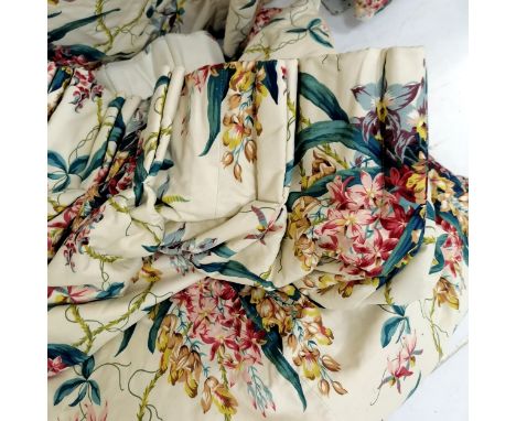 Pair of floral patterned interlined curtains with cream background - 180cm wide x 136cm drop EACH ~ signs of use 
