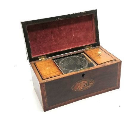 Antique Georgian mahogany tea caddy with shell inlaid detail and with an antique mixing bowl - 26cm x 13cm x 13cm ~ lacks esc
