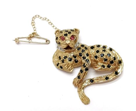 9ct hallmarked gold sapphire / ruby / diamond set leopard brooch - 3.5cm &amp; 11.3g total weight