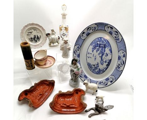 Qty of mostly ceramics inc French dish with dirigible patter (16.5cm diameter), RARE antique 2 part mould (has crack), Beswic