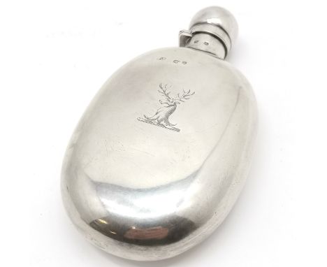 Antique silver spirits hip flask with bayonet action fitted top with oval body with stag armourial crest - 13cm high &amp; 11