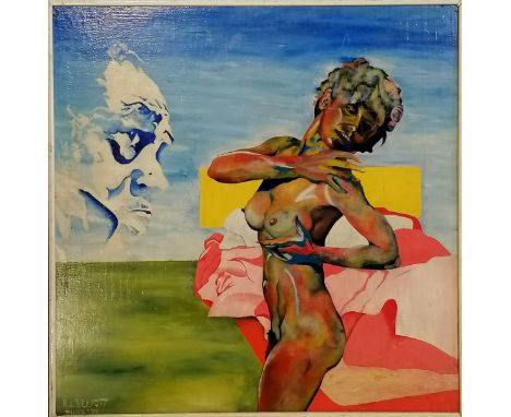 R L Elliott 1972 nude study in oil on board  - frame 62cm square ~ some surface abrasions 