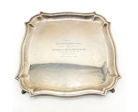 Silver 1922/23 hallmarked tray with scalloped edge terminating on 4 feet by William Hutton &amp; Sons has dedication to Surge
