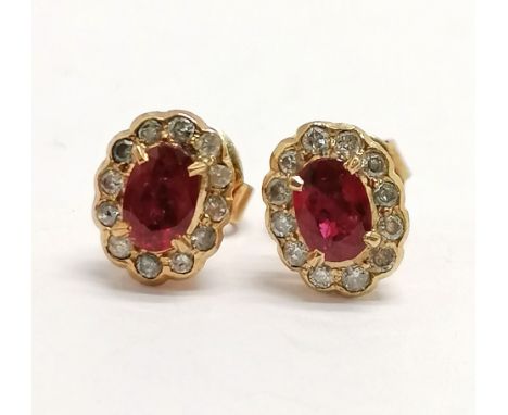 14ct marked gold ruby &amp; diamond cluster stud earrings - 8mm across &amp; 2.2g total weight 