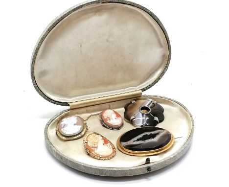 2 x antique agate brooches (largest 5.8cm and has mark to metal on reverse) t/w 3 x hand carved shell cameo portrait brooches