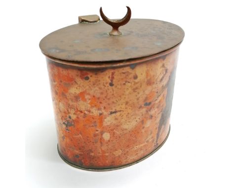 Antique Picards Ltd Arts & Crafts oval tea caddy with crescent finial to top - 12cm across x 12cm high ~ in used condition 
