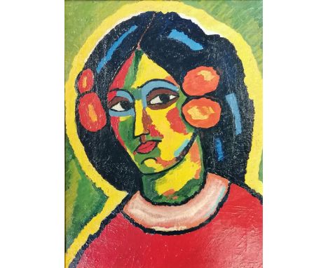 Unknown artist - portrait of woman in oranges and reds oil on canvas framed 75cm x 60cm 