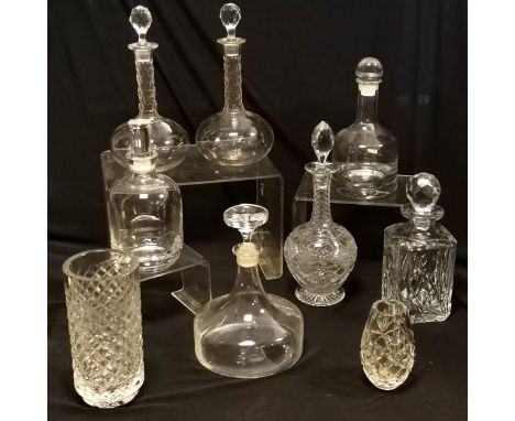 Qty of decanters inc pair of antique globe &amp; shaft (29cm), 3 x Dartington etc 