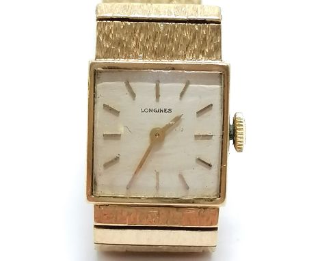 Longines 9ct gold ladies manual wind wristwatch on integral gold bracelet with bark effect - 18cm long &amp; total weight 37g