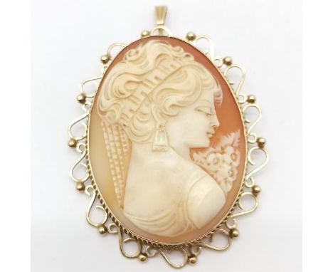 9ct hallmarked gold mounted hand carved cameo shell portrait brooch / pendant - 6.5cm drop &amp; 19.2g total weight 