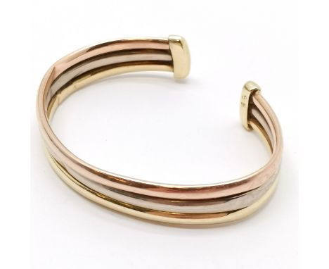 14ct marked gold tri-colour bangle cuff bangle - 6.5cm across &amp; 15.1g ~ has dents 