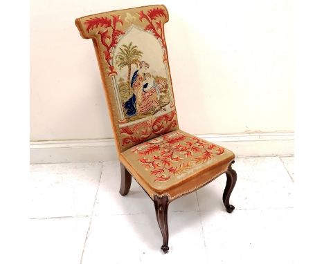 Antique rosewood prayer chair with original tapestry upholstery  orange grounded on cabriole 105cm high x 51cm wide x 51cm de
