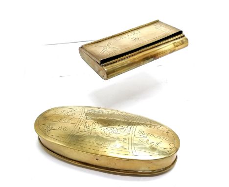 2 x antique Dutch large brass table snuff boxes - windmill decorated box has double opening mechanism &amp; is 12.5cm x 7cm 