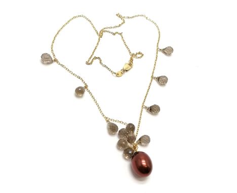 Jewelmak 14ct marked gold necklace with pearl drop &amp; smoky quartz beads - 40cm &amp; 5.7g total weight 