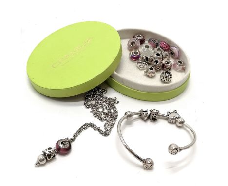 Chamilia Disney silver bangle with 3 charms inc dalmatian t/w necklace + beads - total weight (lot) 83g ~ in an original gree