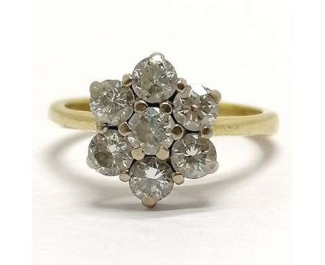 18ct marked gold 7 stone diamond cluster ring - size K½ &amp; 3.3g ~ claws need attention ~ head approx 10mm across 