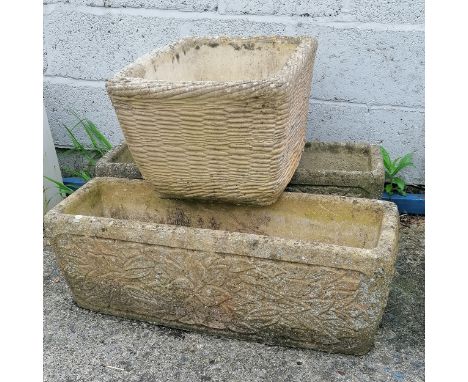 Pair of rectangular planters 75cm x 24cm x24cm high T/W a basketweave planter 53cm x 38cm x 30cm high 