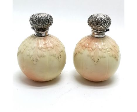 1900 Locke &amp; Co (Worcester) silver hinge topped pair of globe scent bottles with blush finish ceramic bodies by Henry Wig