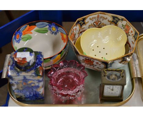 TRAY WITH SMALL CARRIAGE STYLE CLOCK, CRANBERRY GLASS DISHES &amp; GENERAL CERAMICS     