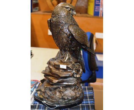 24" HEAVY BRONZE BIRD OF PREY DISPLAY ON STAND - SIGNATURE INDISTINCT     
