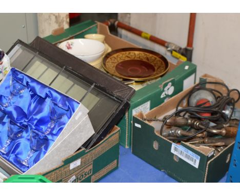 3 BOXES WITH MIXED CERAMICS, GLASS WARE, ASSORTED TOOLS, DINNER WARE &amp; GENERAL BRIC-A-BRAC     