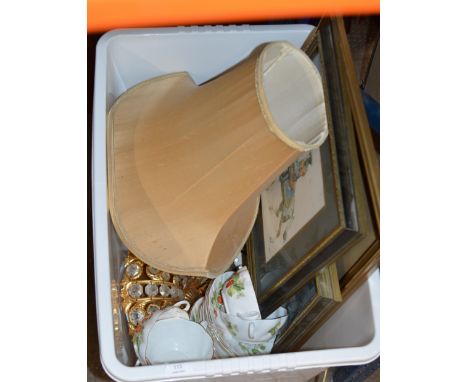 BOX WITH ASSORTED PICTURES, TABLE LAMP WITH SHADE, TEA WARE ETC     