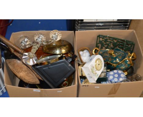 2 BOXES WITH MIXED CERAMICS, KITCHEN SCALES, CANDELABRA, DECANTER &amp; GENERAL BRIC-A-BRAC     