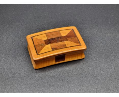 A 19th century Mauchline Ware sycamore and inlaid snuff box, attributed to Daniel Craig, Helensburgh, the hinged top inscribe