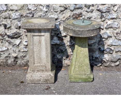 An old weathered composition stone garden sundial, total height 69cm; together with a similar pedestal, 64.5cm. (2)