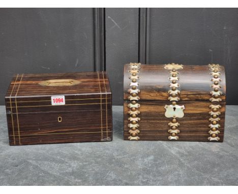 A Victorian coromandel, mother-of-pearl mounted and brass studded dome top tea caddy, 24cm wide; together with another coroma