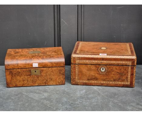 A Victorian walnut and inlaid writing slope, 30cm wide; together with another Victorian burr walnut jewellery casket, 27.5cm 
